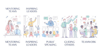 Fototapeta premium Leadership & Teamwork Colorful Line Art Icons | Premium Business Mentor Vector Collection
