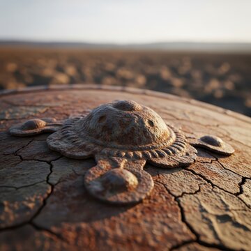 Close-up of a Rusted Metal Shield Boss Fragment on Cracked Earth