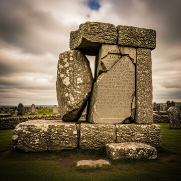 Collapsed Ancient Stone Monument With Inscriptions Under Cloudy Sky
