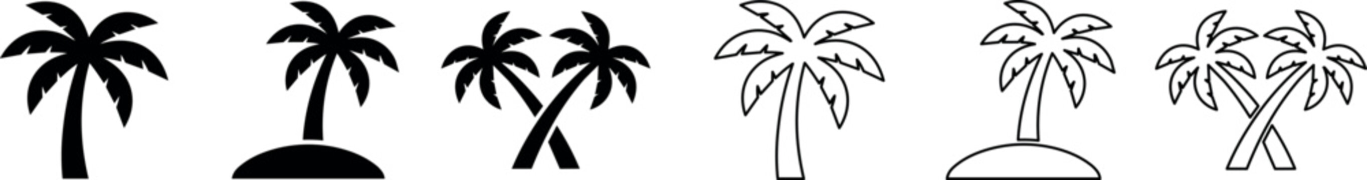 Black and white palm tree icons with island bases in solid and outline styles