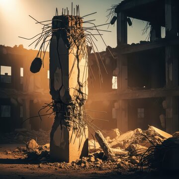Collapsed Concrete Pillar and Ruined Building Structure in Sunlight