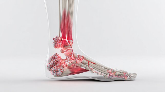 Ankle Pain Anatomy: A 3D medical illustration highlighting the bones and tendons of the ankle and foot, with inflamed areas shown in red to represent pain and injury.