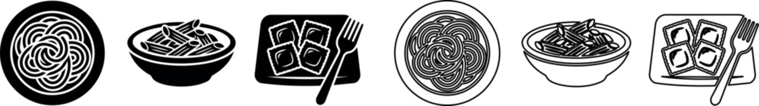 Spaghetti, penne pasta bowls, and ravioli on plate with fork icons in black and white outline style