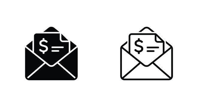 Money in envelope icon two variations black and white line art on transparent background