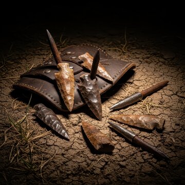Collection of Ancient Stone and Iron Arrowheads on Textured Ground