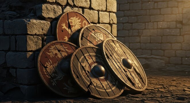 Collection of Ancient Wooden Battle Shields Against Stone Wall