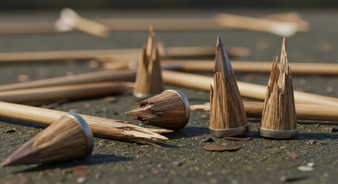 Collection of Broken Wooden Arrowheads on Textured Ground