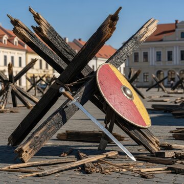 Collapsing Wooden Barricade with Sword and Shield