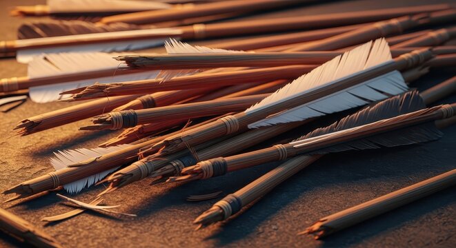 Collection of Broken Wooden Arrows with Feather Fletching