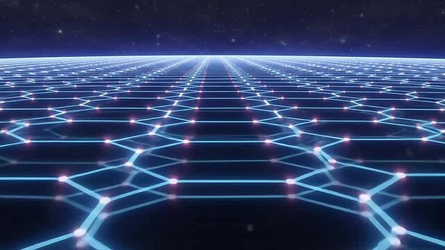 A glowing blue hexagonal grid extends into a dark and infinite digital horizon