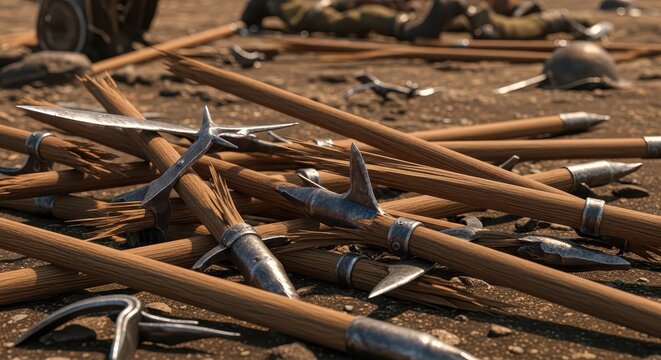 Collection of Broken Wooden Pikes with Metal Tips on the Ground