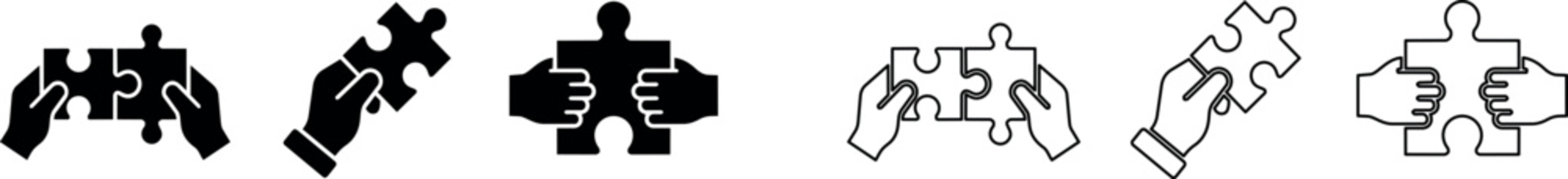 Hands holding two puzzle pieces fitting together icons in solid and outline styles