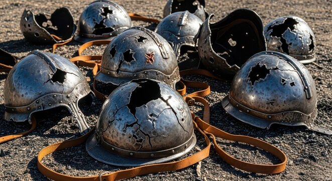 Collection of Dented Medieval Iron Helmets Scattered on Ground