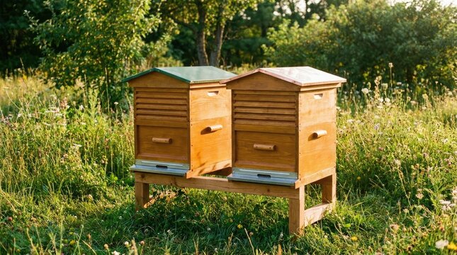 Celebrating honeybee day wooden beehives in a meadow apiculture and pollinator conservation