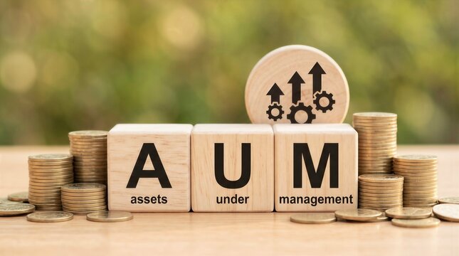 Assets Under Management (AUM) Concept with Wooden Blocks, Stacked Coins, and Growth Icons on Natural Background