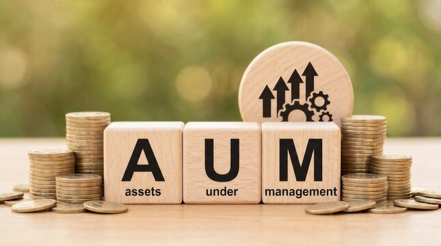 AUM Concept - Assets Under Management Text on Wooden Cubes with Stack of Coins