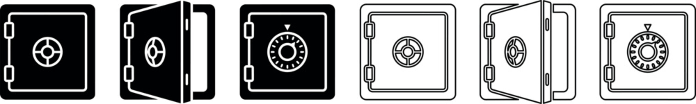 Safe lock icons showing closed and open safes with combination dials in outline and solid styles