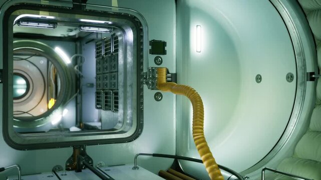 Closeup space station inspection viewport showing grid and filter assembly, bolts and frame details, diagnostic vibe with sensor access and maintenance markers