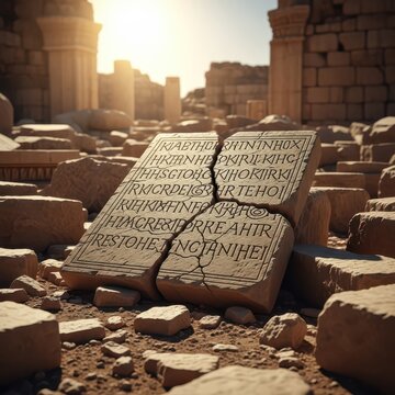 Cracked ancient stone tablet bearing faded inscription in sunlit ruins