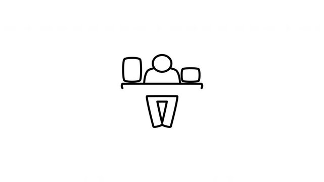 Minimalist outline animation of a professional businessman corporate employee sitting and working at an office desk drawing on and fading out. Features 3 color setups.