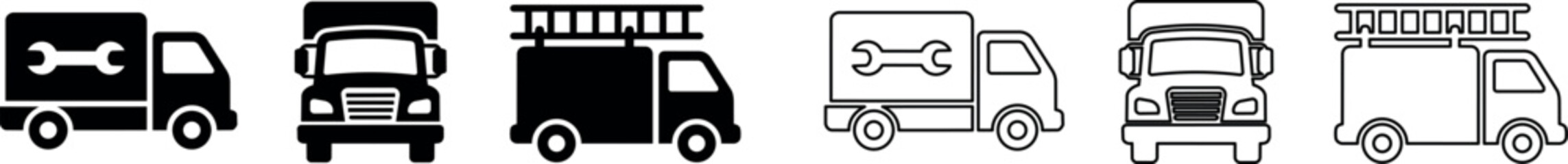 Naklejka premium Service truck, front view truck, and fire truck icons in solid and outline styles