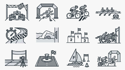 Creative Black and White Line Set of Diverse Sports and Racing Events with Athletes with high quality professional line art symbols for modern creative design and digital branding projects © Bean