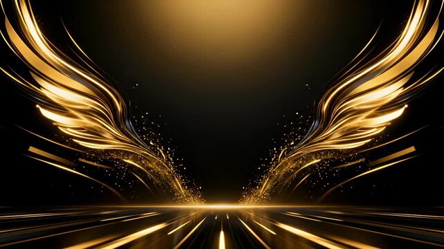 Elegant Golden Wing Abstract Background with Shimmering Light Particles and Radiant Flares for Luxurious Awards Ceremony Design