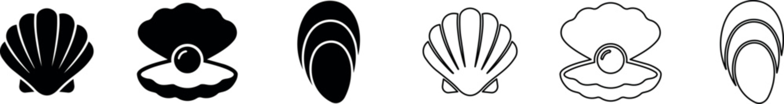 Set of six oyster and clam shell icons with open and closed variations in black and outline styles