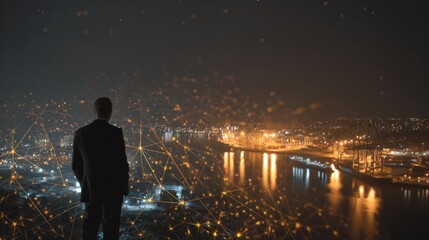 Fototapeta premium Future City Vision: A solitary businessman stands overlooking a sprawling, futuristic metropolis at night, with glowing digital networks superimposed over the cityscape.