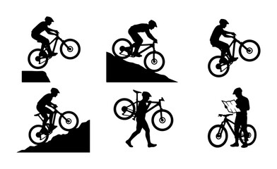 Obraz premium Mountain Biking Silhouette Collection: Extreme Sports, Trail Riding, and Outdoor Adventure Graphics, 6 Vector Elements for Dynamic Action