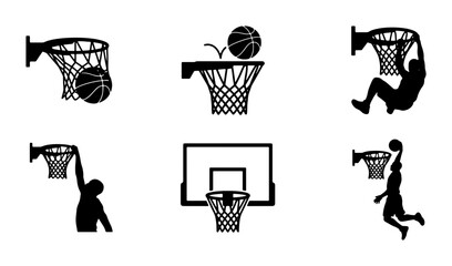 Basketball Hoop Action Silhouettes, Slam Dunk and Net Shots, Sports Vector Icons Set for Athletic Design © Farzana