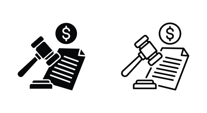 Gavel And Document With Dollar Sign Icon Black Silhouette On White Background