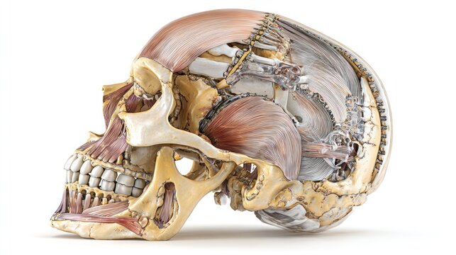 Anatomical Skull Model: A detailed, realistic anatomical model of a human skull, showcasing intricate bone structure, muscles, and cranial cavity, offering an in-depth view of human anatomy.