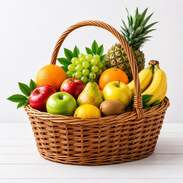 Fresh Mixed Fruits in Wicker Basket isolated on white background