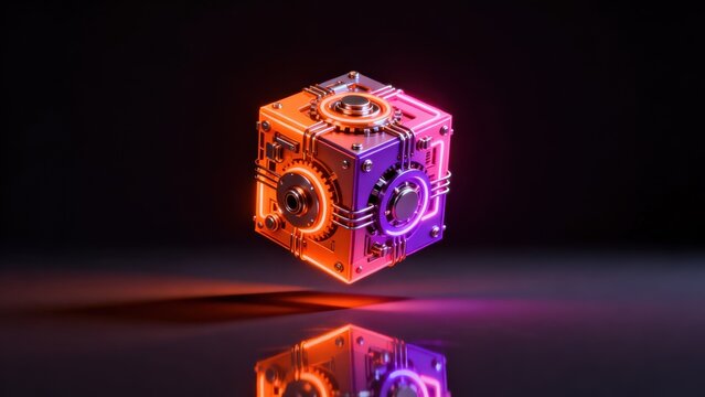 Futuristic glowing cube with gears