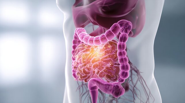 Digestive System Anatomy: A detailed 3D rendering showcases the intricate human digestive system, highlighting the large and small intestines with a focus on the colon's anatomy.