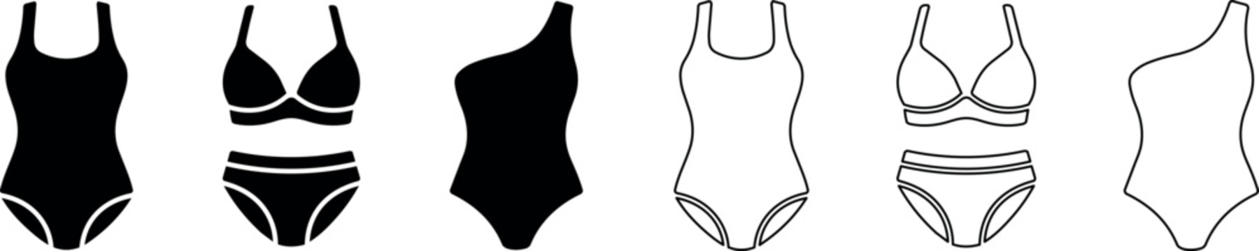 Set of solid and outline icons showing women's one-piece swimsuits and bikinis in front view