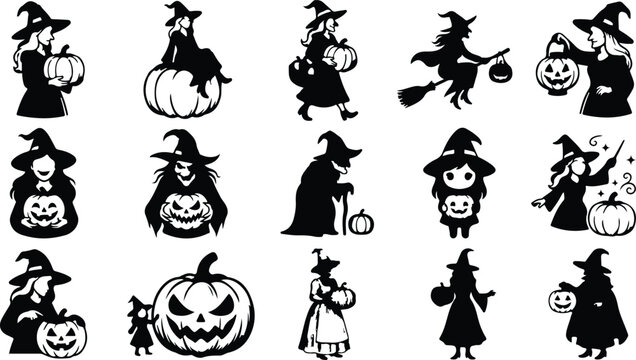Halloween Witch SVG Bundle | Witch with Pumpkin Clipart | Spooky Witch Silhouette 