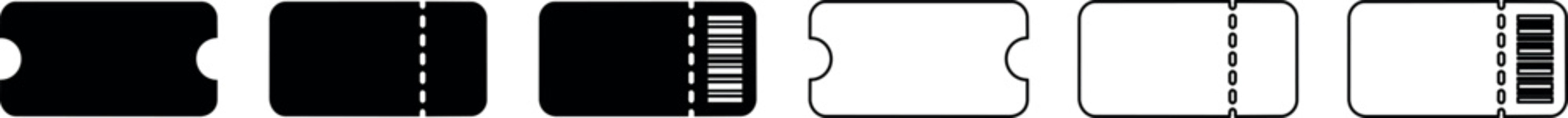 Black and white event ticket icons with barcode and perforation details
