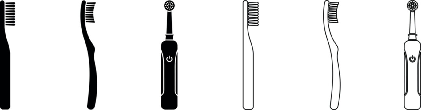 Set of manual and electric toothbrush icons in black and outline styles