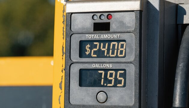 Gas pump display showing $24.00 and 7.95 gallons dispensed, attached to a yellow pump at a gas station.
