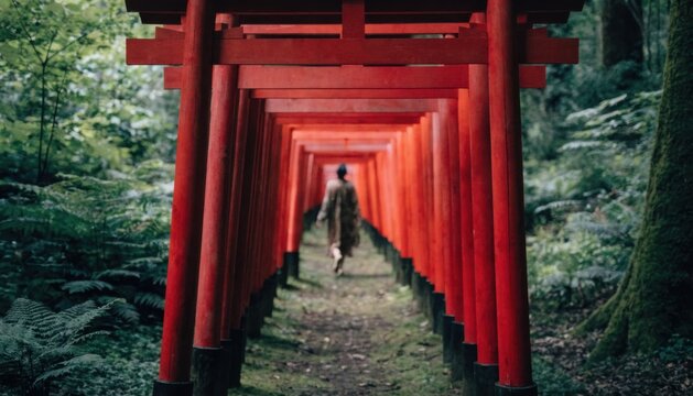 A person walks through a path lined with vibrant red torii gates surrounded by lush green foliage, creating a serene and traditional Japanese atmosphere.