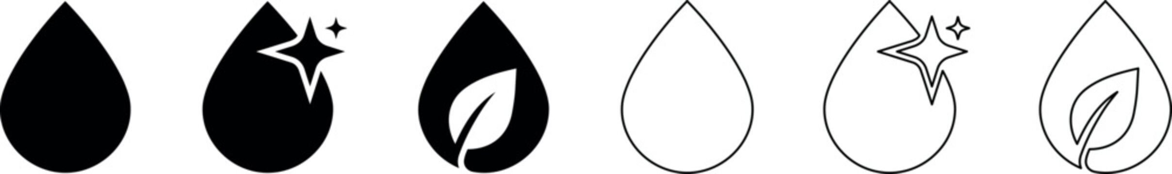 Water droplet icons with leaf and sparkle symbols in solid and outline styles