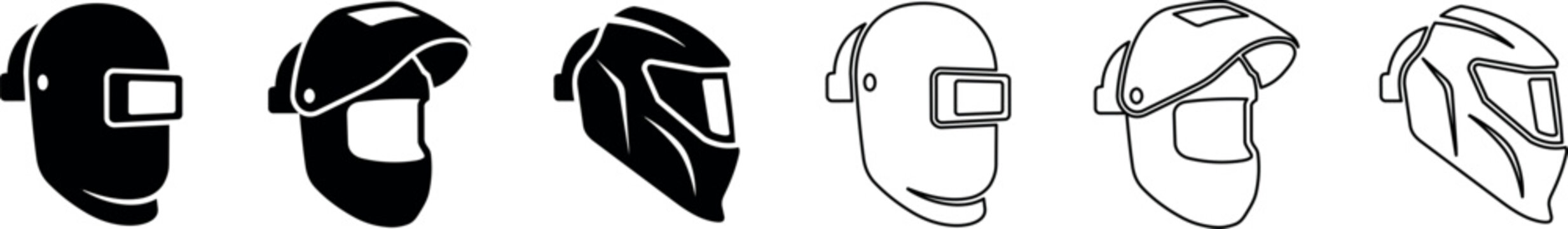 Welding helmets front and side view icons with protective face shields