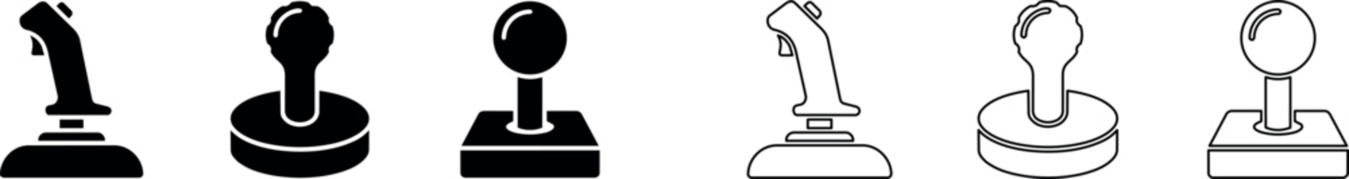 Set of six joystick icons representing classic game controller sticks in different styles