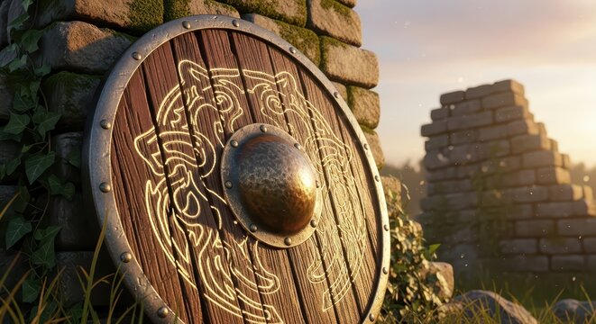 Cracked Wooden Viking Shield with Ornate Design Resting Against Ancient Stone Ruins