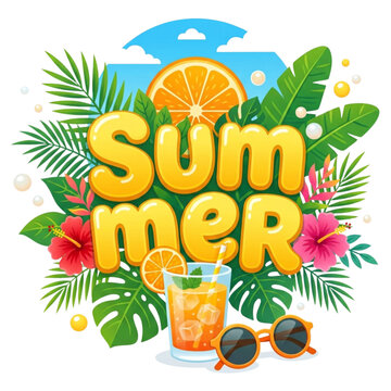 "Summer" Typography with Tropical Leaves and Cocktail