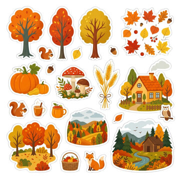 Cozy Autumn and Harvest Season Vector Sticker Collection