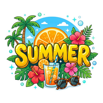 Festive "Summer" Lettering with Palm Trees and Hibiscus