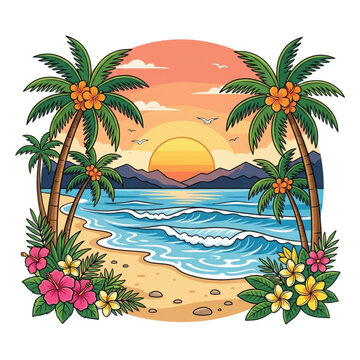 Tropical Beach Sunset with Hibiscus Flowers